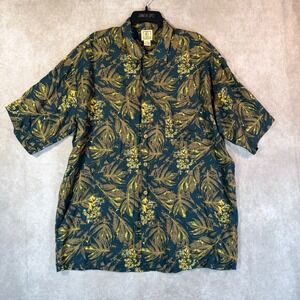 Vintage 90s Morro Bay Hawaiian Shirt Men Large Viscose Blue Gold Palm Leaf Aloha